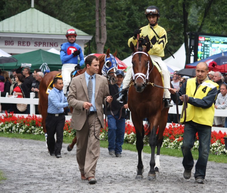 Summer Bird, left, follows Travers favorite Quality Road in the Saratoga walking ring. Ridden by Kent Desormeaux, Summer Bird won the Travers Stakes while Quality Road was third.